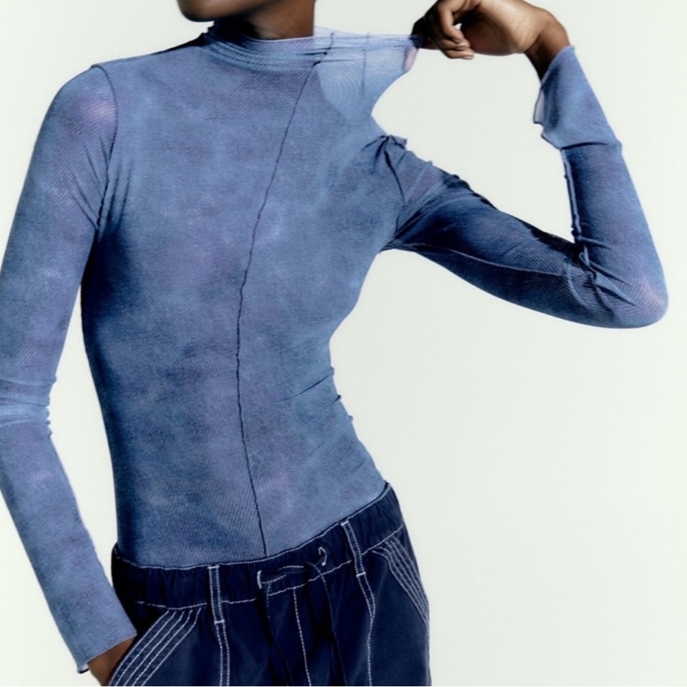 NWT ZARA Tulle Printed Denim Blue Long Sleeve Turtleneck Top Size XS